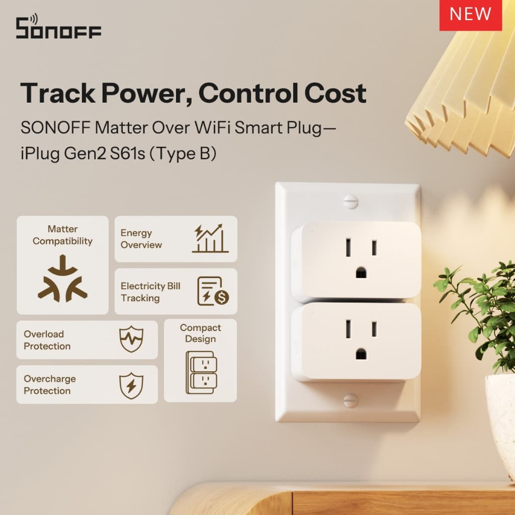 SONOFF S61STPB iPlug Gen2 ประเภท B Matter Over WiFi สมาร์ทปลั๊ก 15A การตรวจสอบพลังงานไฟฟ้าติดตามค่าการติดตามบิ…