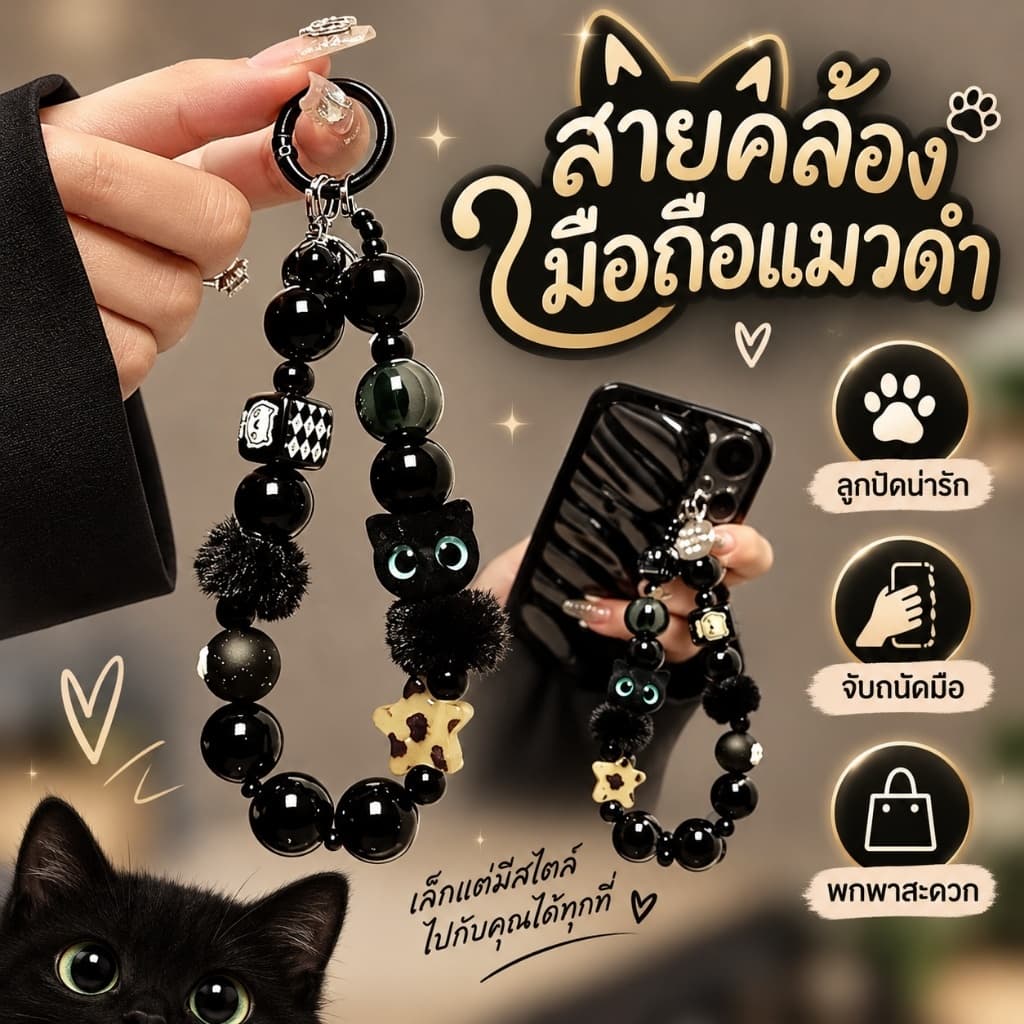 สายคล้องโทรศัพท์มือถือ Fluffy Cat พร้อมลูกปัด สายคล้องข้อมือ Hand Strap กันหล่น กันขโมย คลิปกระเป๋า น่ารัก…