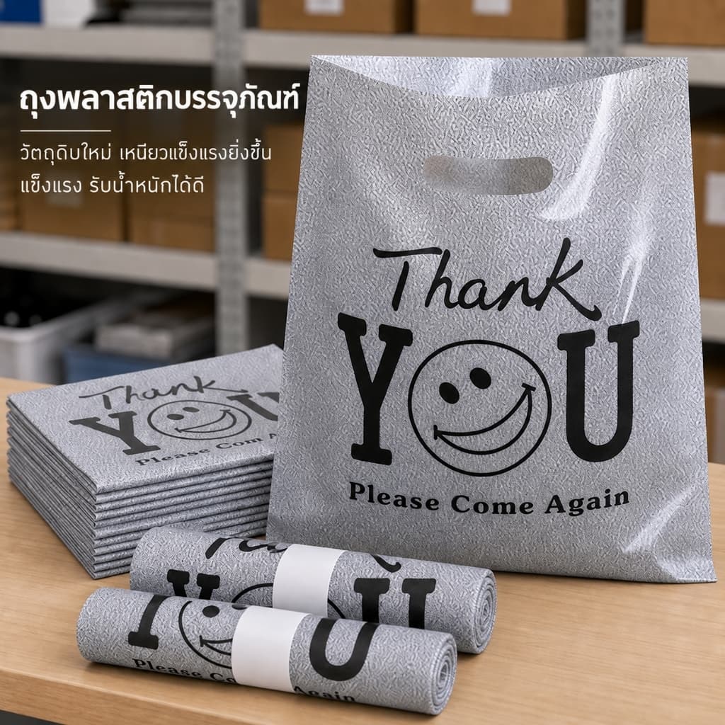 100 ใบ ถุงพลาสติกหูหิ้วลายหน้ายิ้มสีดํา THANK YOU แบบหนาและทนทาน เป็นมิตรต่อสิ่งแวดล้อม…
