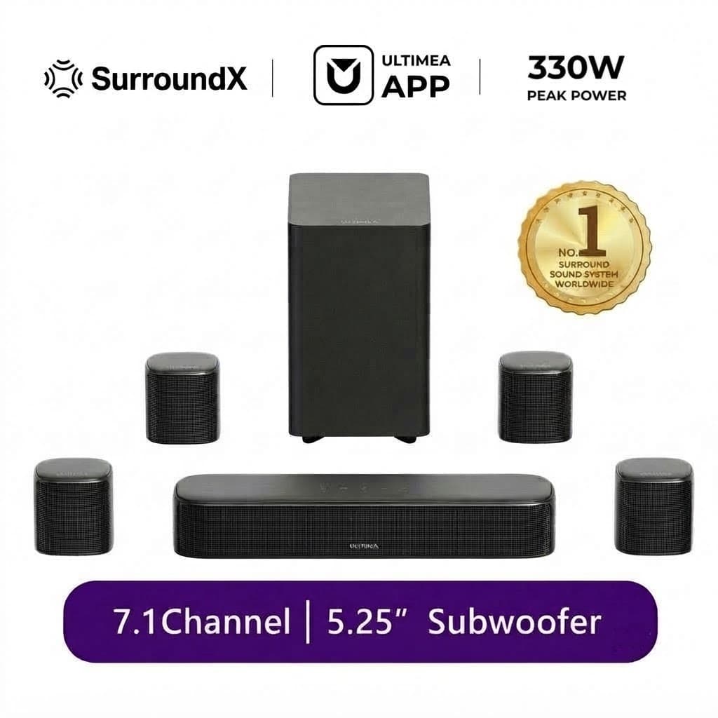 ULTIMEA Aura A40 Pro 7.1ch Cinema Soundbar สําหรับทีวี, 330W, ซับวูฟเฟอร์ Deep Bass และลําโพงเซอร์ราวด์ 4…