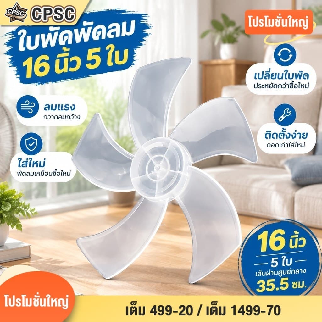 1 PC พัดลมลมขนาดใหญ่ใบมีดสําหรับ 16 นิ้วพลาสติกในครัวเรือนพัดลมใบมีดห้าใบพร้อม Nut…