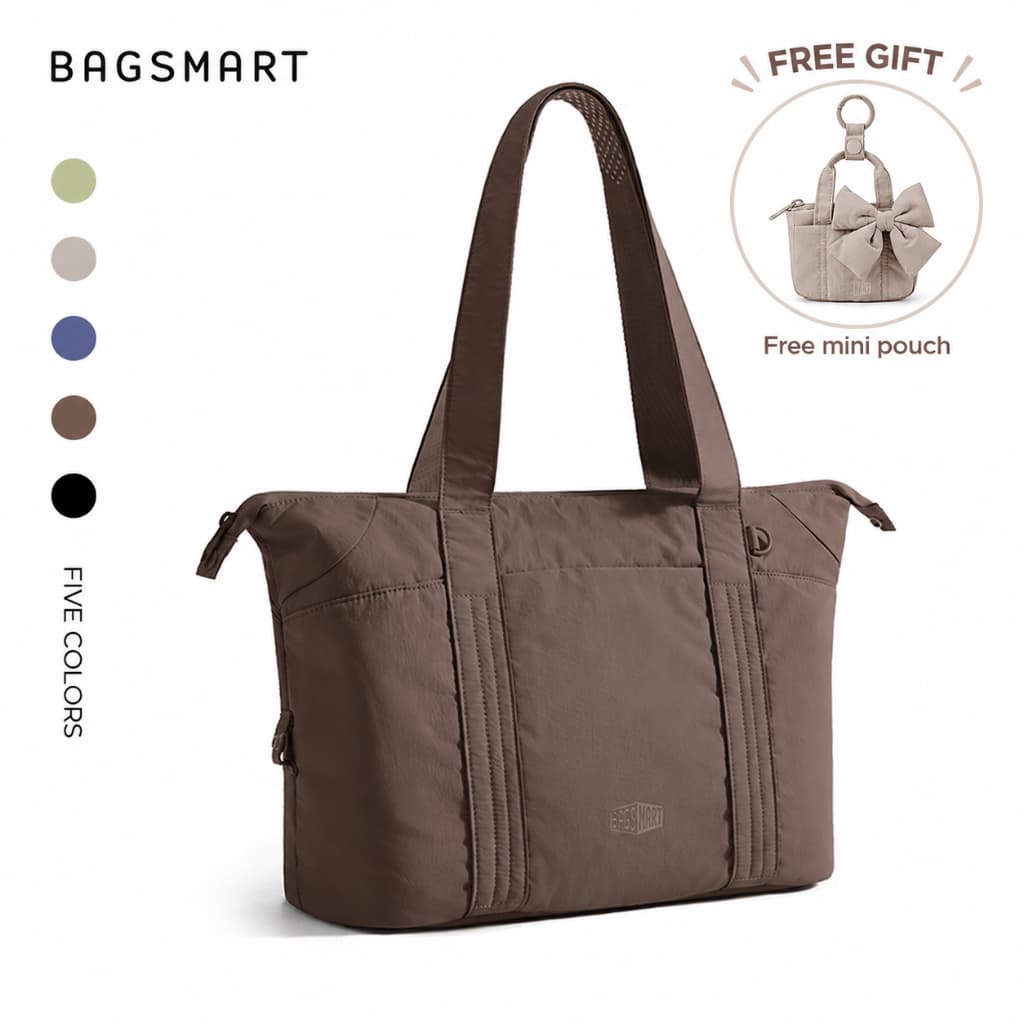 BAGSMART กระเป๋า tote bag มีซิป กระเป๋าสะพายไหล่ ใส่โน้ตบุ๊ก 14 นิ้ว น้ําหนักเบา กันละอองน้ํา มีช่องเยอะ…