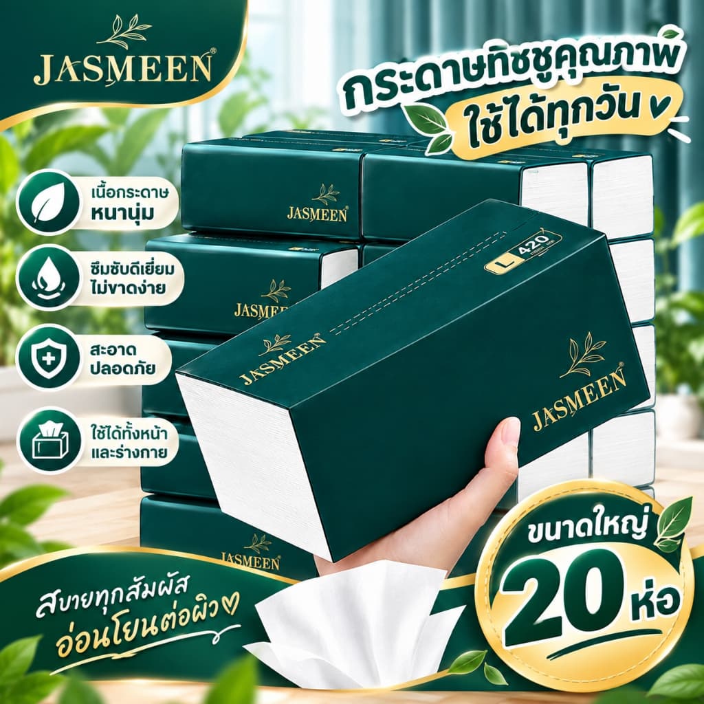 JASMEEN สินค้าใหม่ กระดาษทิชชู่ ยกลัง (ห่อใหญ) 1 ห่อมี 420 แผ่น ไร้ฝุ่น กระดาษเช็ดหน้า ไม่เป็นขุย 1 ลังมี 20…