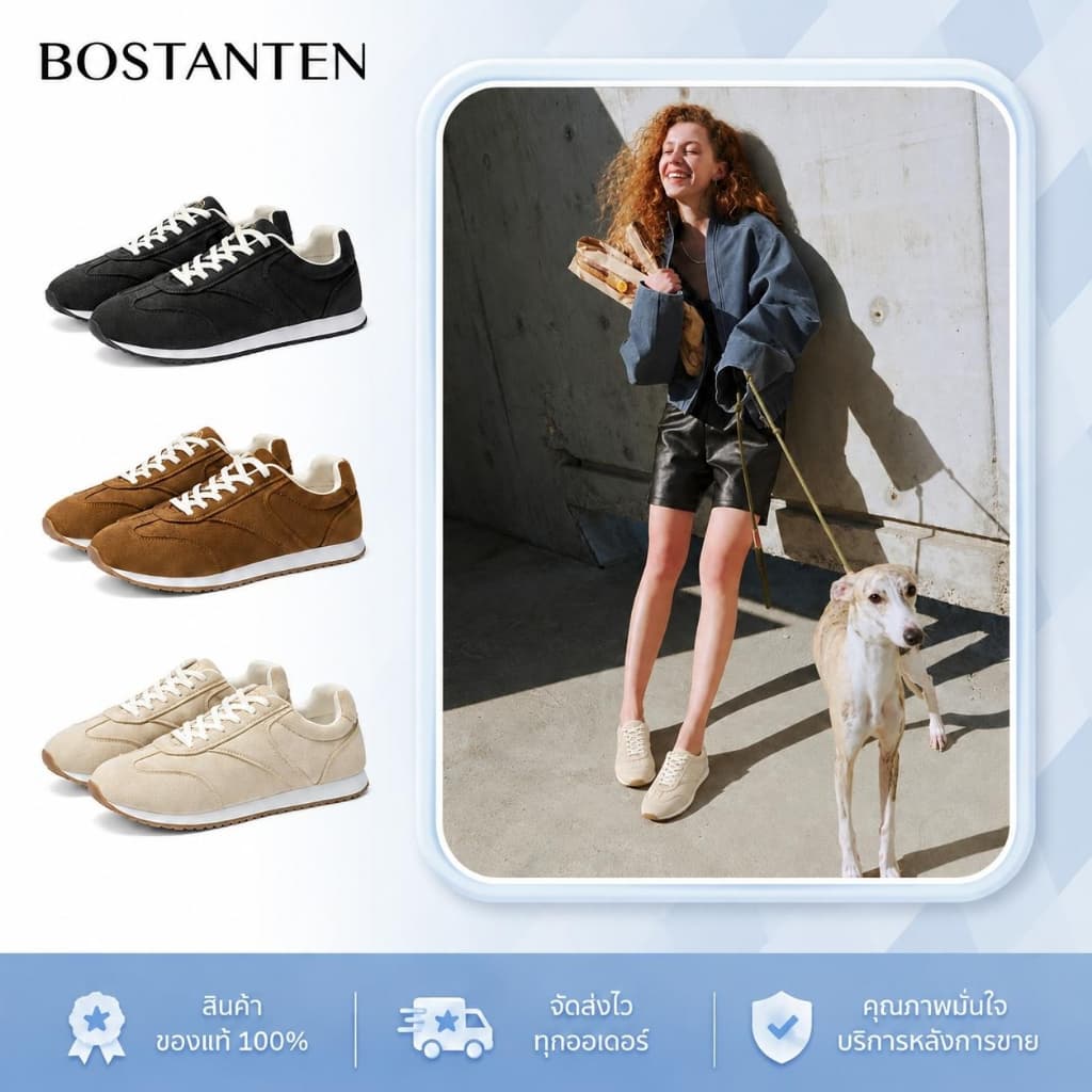 BOSTANTEN รองเท้าผ้าใบผู้หญิง สไตล์เรโทร รองเท้าวิ่งวินเทจ หนังกลับ นุ่มเบา ใส่สบาย พร้อมส่ง