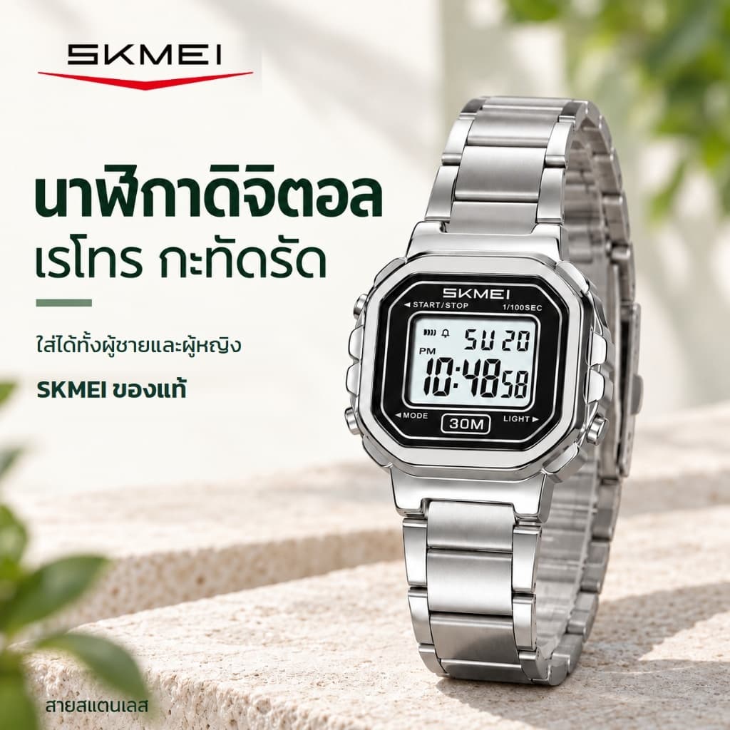 SKMEI 2387 นาฬิกาดิจิตอล เรโทร ทรงเหลี่ยม สายสแตนเลส ไฟ EL กันน้ํา 30M แถมกล่องและอุปกรณ์ปรับสาย