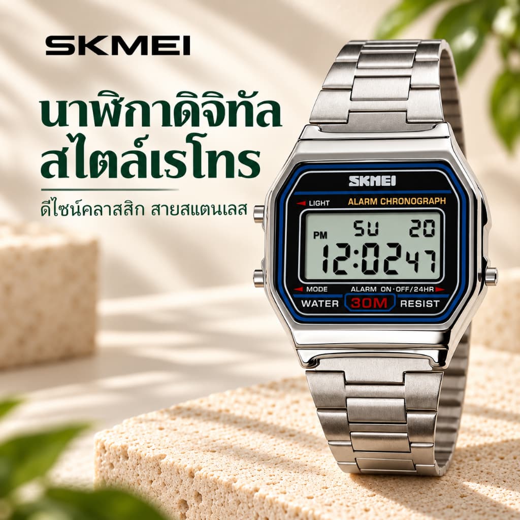 SKMEI 1123 นาฬิกาข้อมือดิจิตอลสไตล์เรโทร ทรงเหลี่ยม สายสแตนเลส ไฟ EL กันน้ํา 30M…