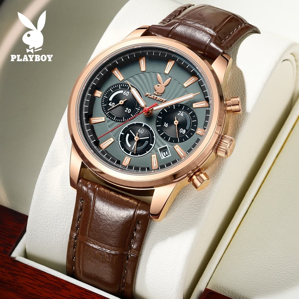 PLAYBOY นาฬิกาผู้ชาย กันน้ํา 100% เรืองแสง ปฏิทิน โครโนกราฟ นาฬิกาผู้ชายสายหนัง ของขวัญให้แฟนผู้ชาย TY3305