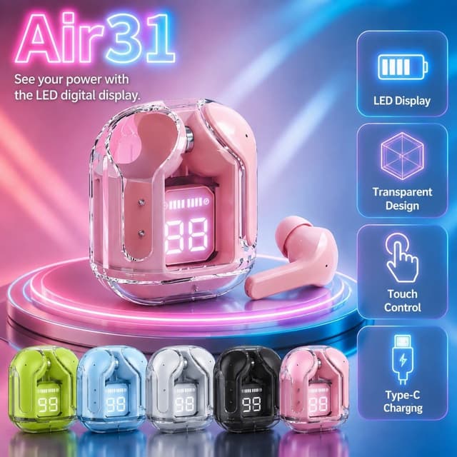 Wireless Air31 หูฟังบลูทูธชนิดใส่ในหูจอแสดงผล LED โปร่งใสเสียงรบกวน Cancelling…