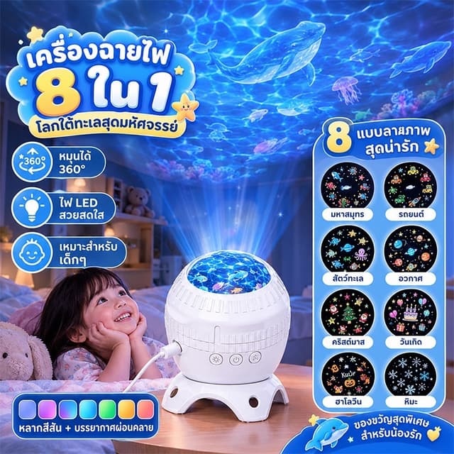 โคมไฟโปรเจคเตอร์ทะเลสําหรับเด็ก ไฟกลางคืน LED ฉายภาพสัตว์ทะเล หมุนได้ 360° ใช้ USB ตกแต่งห้องนอน…