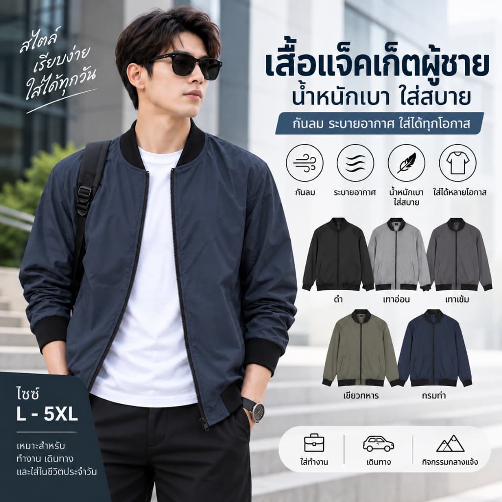SYG เสื้อแจ็คเก็ตผู้ชาย เสื้อกันลม เสื้อผ้าร่ม แจ็คเก็ตผ้าร่ม คอบอมเบอร์ น้ําหนักเบา ใส่สบาย L-5XL