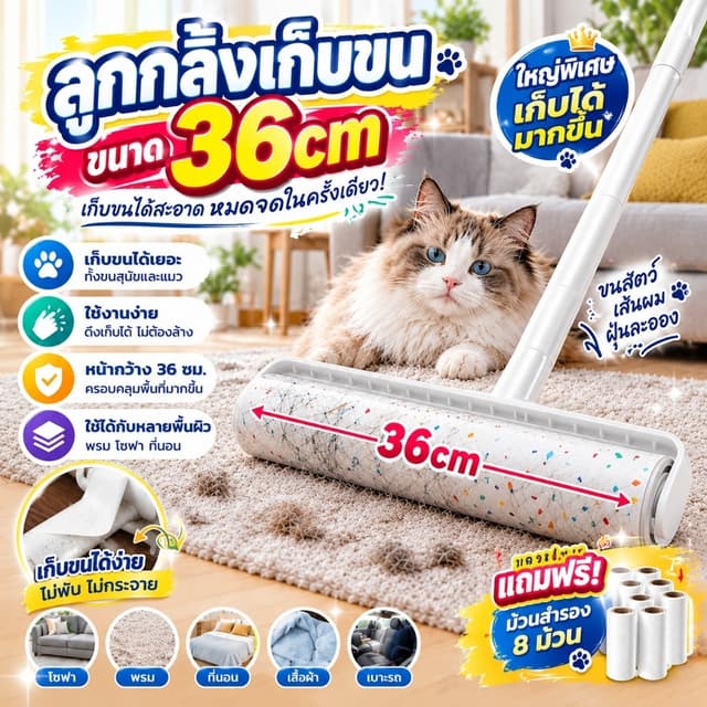 🐱ลูกกลิ้งเก็บขน 🐱ที่กลิ้งกําจัดฝุ่นแบบยาว เก็บขนสัตว์เลี้ยง ขนาด 24cm กระดาษกาว ทําความสะอาด…