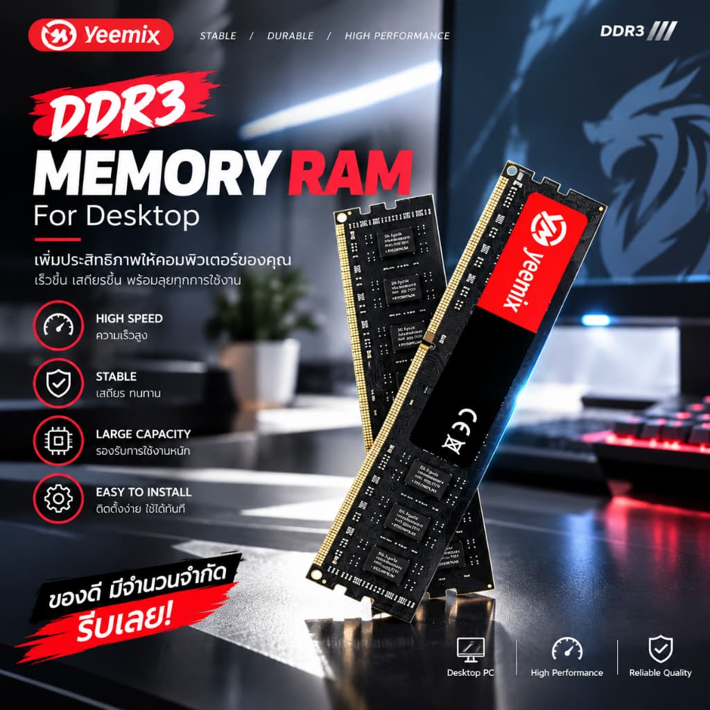 100% Plug & PlayYEEMIX RAM PC DDR3 8GB 1333/1600/1866MHz หน่วยความจําเดสก์ท็อปที่เสถียร 台式机内条 รูปที่ 1