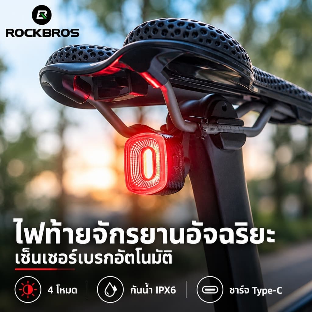 ROCKBROS Q2S ไฟท้ายจักรยานอัจฉริยะ เซ็นเซอร์เบรก ไฟสว่างขึ้นอัตโนมัติ เปิดปิดตามการเคลื่อนไหว กันน้ํา IPX6…