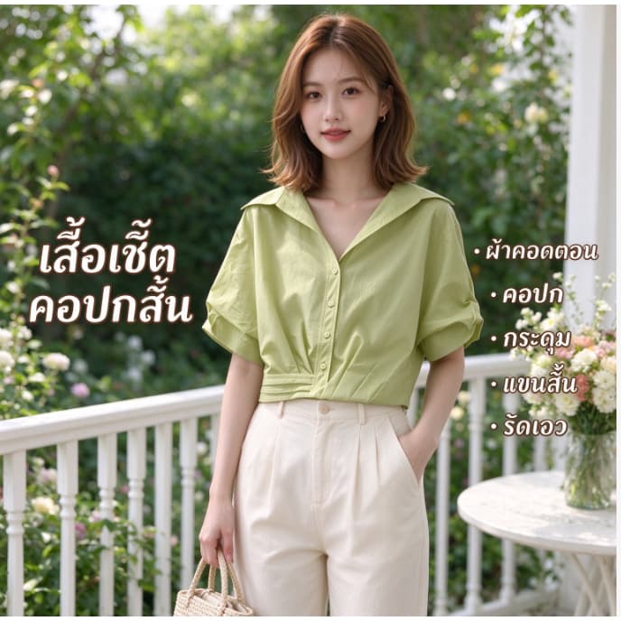 (จัดส่งในกรุงเทพฯ)เสื้อเชิ้ตคอปกสีเขียวมินต์อ่อน รัดเอวแขนพองสั้น ดีไซน์พิเศษ สไตล์ทํางาน