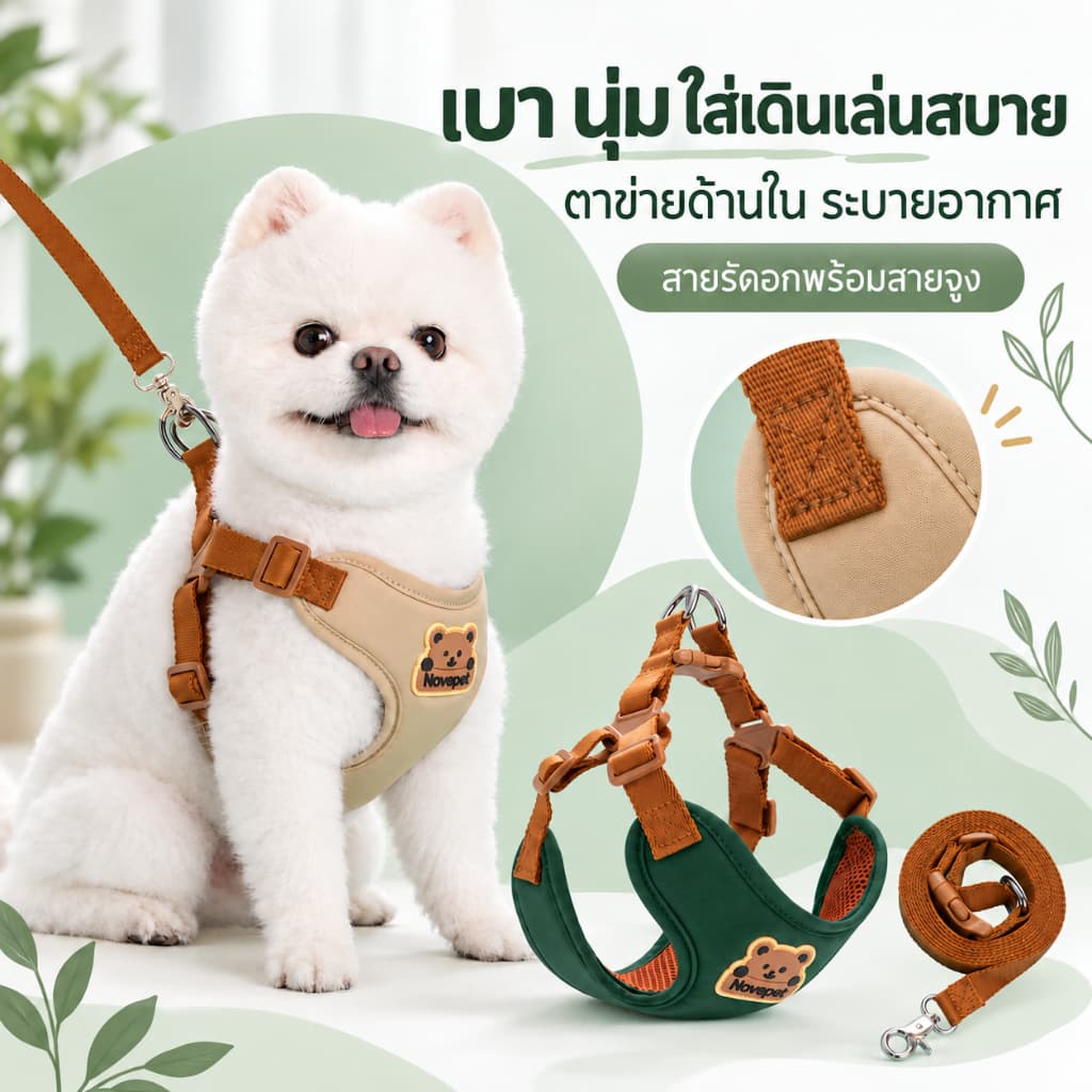 สายรัดอกสุนัขแบบตาข่าย ระบายอากาศ ซับในนุ่ม พร้อมสายจูง Novepet