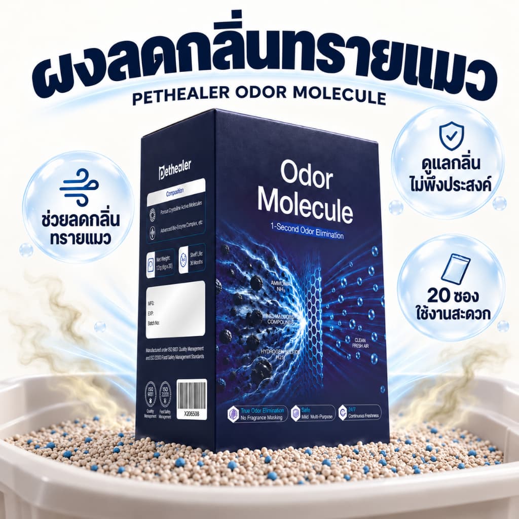 PETHEALER ผงดับกลิ่นทรายแมว ผงลดกลิ่นกระบะทรายแมว ห้องน้ํา ถังขยะ Odor Molecule 120g 20 ซอง รูปที่ 1