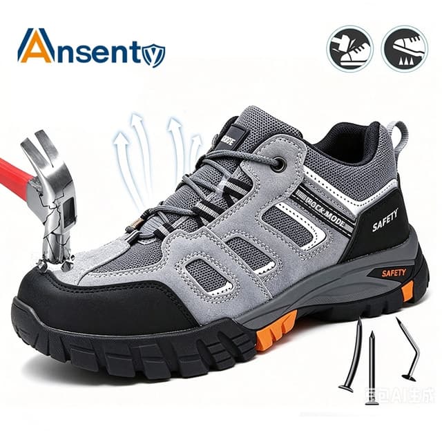 ANSENTY รองเท้าเซฟตี้ ผู้ชาย หนังชามัวร์ผสมหนังกลับ ทรงสปอร์ต กันเจาะเคฟล่า ระบายอากาศดี กันลื่น…