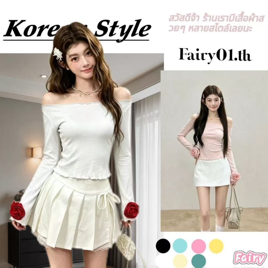 Fariy🍒คลังสินค้าพร้อม🍒 เสื้อยืดแขนยาวคอกลมลายกุหลาบ 3 มิติสีชมพูสําหรับผู้หญิง สไตล์ใหม่รับซัมเมอร์…