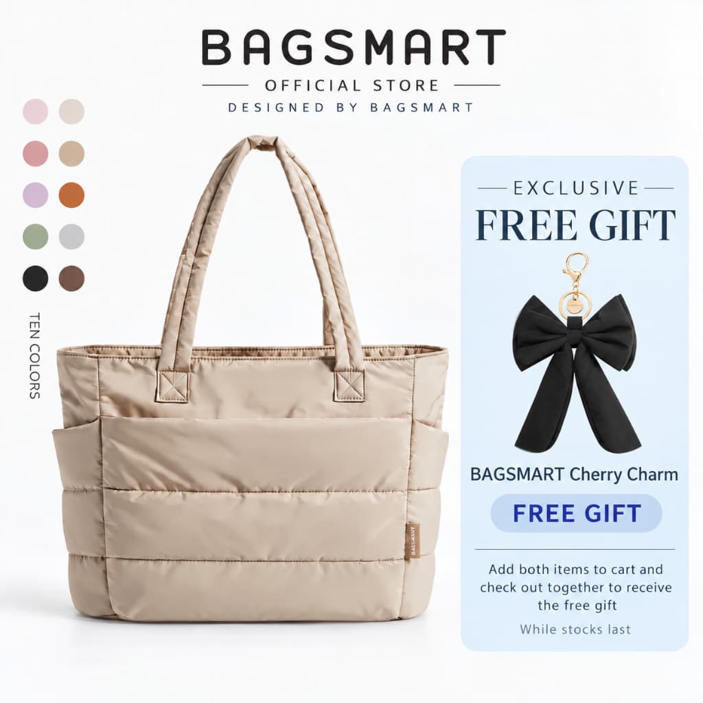BAGSMART Tote Bag กระเป๋าสะพายผู้หญิง ขนาดใหญ่ มีช่องใส่โน้ตบุ๊ก มีหลายช่อง น้ําหนักเบา ทรงพัฟฟี่