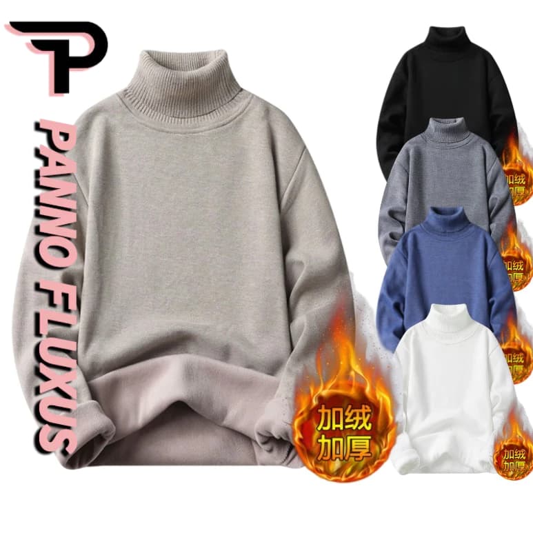 ปันโนฟลักซ์ เสื้อกันหนาวผู้ชายสไตล์ฮาราจูกุญี่ปุ่นหลวมสบายๆสีทึบอบอุ่นคอเต่าออกแบบถักเสื้อกันหนาว