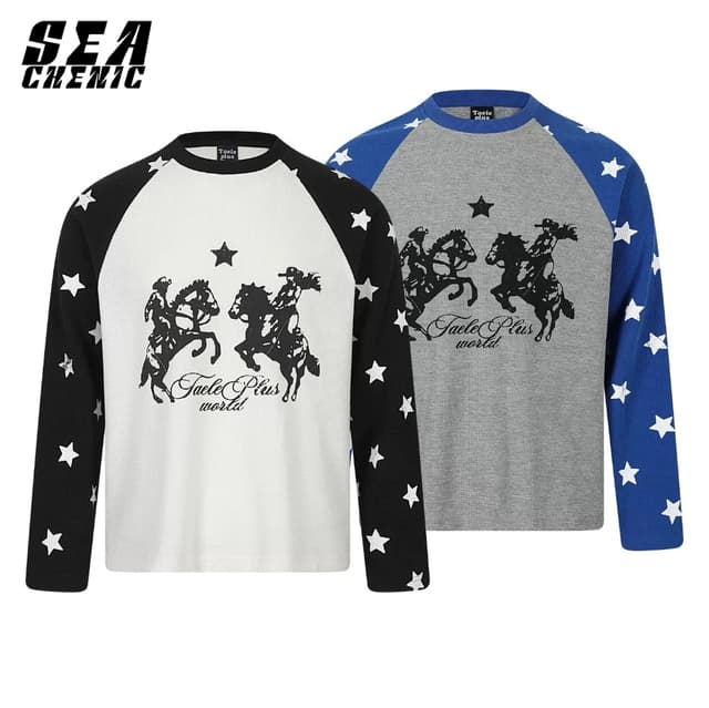 SECHENIC American Street เสื้อยืดแขนยาววาฟเฟิลผู้ชายและผู้หญิงแขนยาว