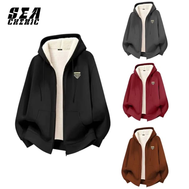 SECHENIC เสื้อกันหนาวฮู้ดหนา ไหมพรมแกะ ซิปเปิดหน้า ตัวใหญ่สบาย อบอุ่นมาก