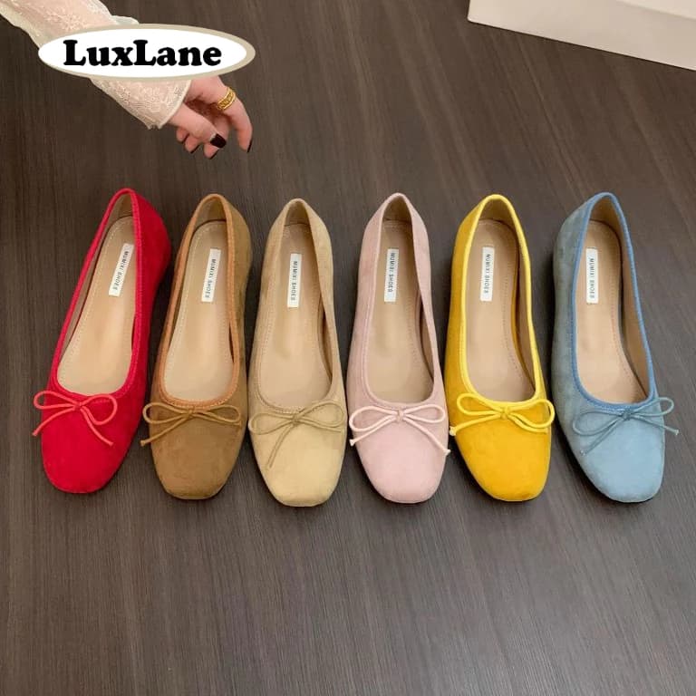 LuxLane Retro Suede Ballet Flats สําหรับผู้หญิงรอบ Toe Mary Jane ตุ๊กตารองเท้า Bowknot Soft Dress รองเท้า