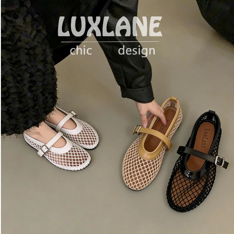 (พร้อมกล่อง) รองเท้าแตะส้นแบน Mary Jane สีดําตาข่าย LuxLane สําหรับผู้หญิง แฟชั่นสําหรับวันหยุด…