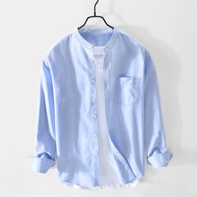 เชิ้ตคอจีนผู้ชายแขนยาว สีพื้น Long-Sleeve Mandarin Collar Shirt (5602)