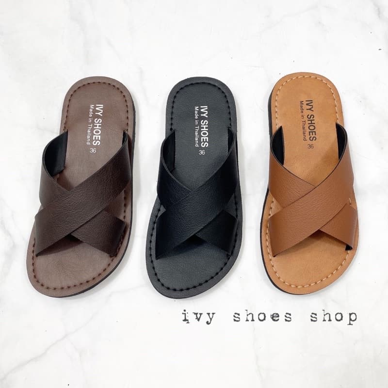รองเท้าแตะ IVY SHOES ไซส์ 36-44 รองเท้าหนัง สไตล์วินเทจ (รุ่น VIN03- สวมไขว้) รองเท้าแตะหนัง รูปที่ 1