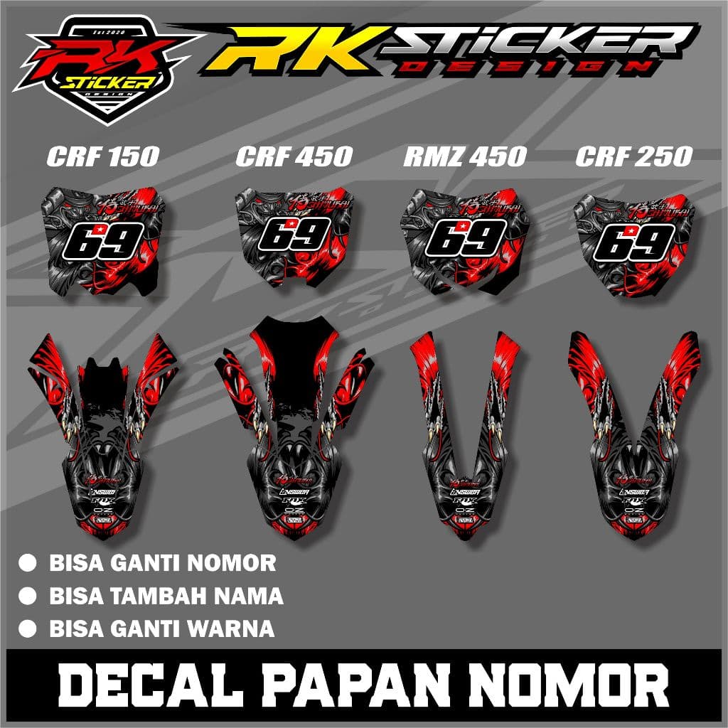 กระดานสติ๊กเกอร์รูปลอกและบังโคลน CRF 150/250/450 และ RMZ 450. ชื่อและหมายเลขขอฟรี RK.003