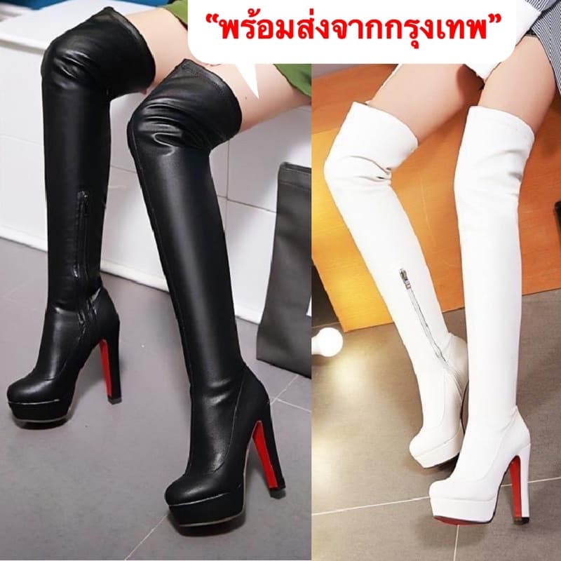 🇹🇭ส่งแมสได้🇹🇭รองเท้าบูทส้นหนา5นิ้วมีซิปพื้นแดง size35-48 (A5)ใส่สบายเต้นสะดวก.แดนซ์เซอร์..บูทหนังนิ่มพื้นแ…