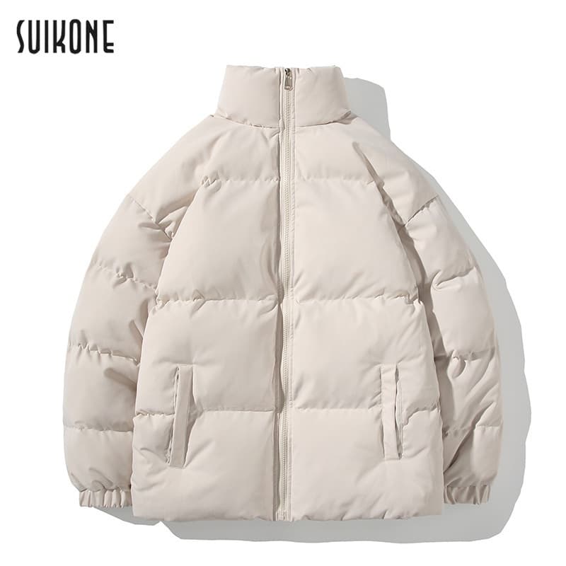 Suikone เสื้อโค้ทผ้าฝ้ายหนาสําหรับผู้ชาย เสื้อโค้ทผ้าฝ้ายสีทึบขนาดใหญ่หลวม ๆ สบาย ๆ ยืนคออบอุ่นชายเสื้อเรียบ