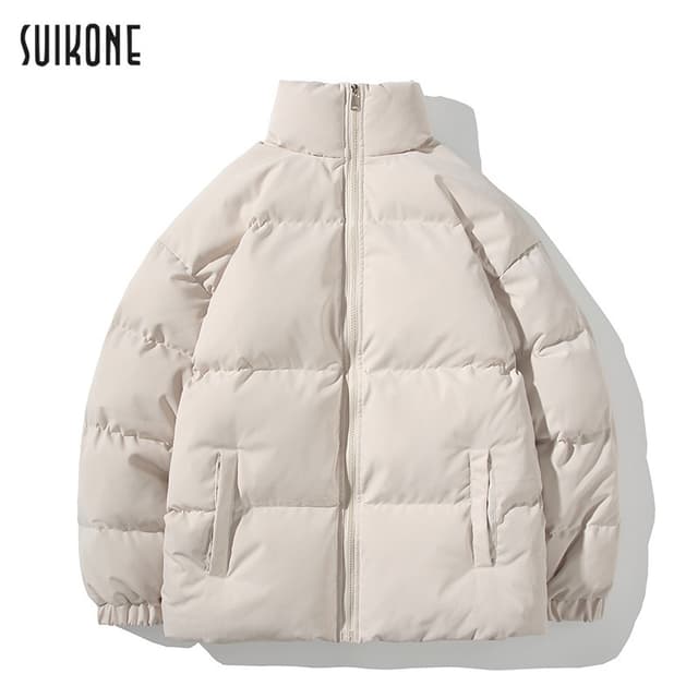 Suikone เสื้อโค้ทผ้าฝ้ายหนาสําหรับผู้ชาย เสื้อโค้ทผ้าฝ้ายสีทึบขนาดใหญ่หลวม ๆ สบาย ๆ ยืนคออบอุ่นชายเสื้อเรียบ