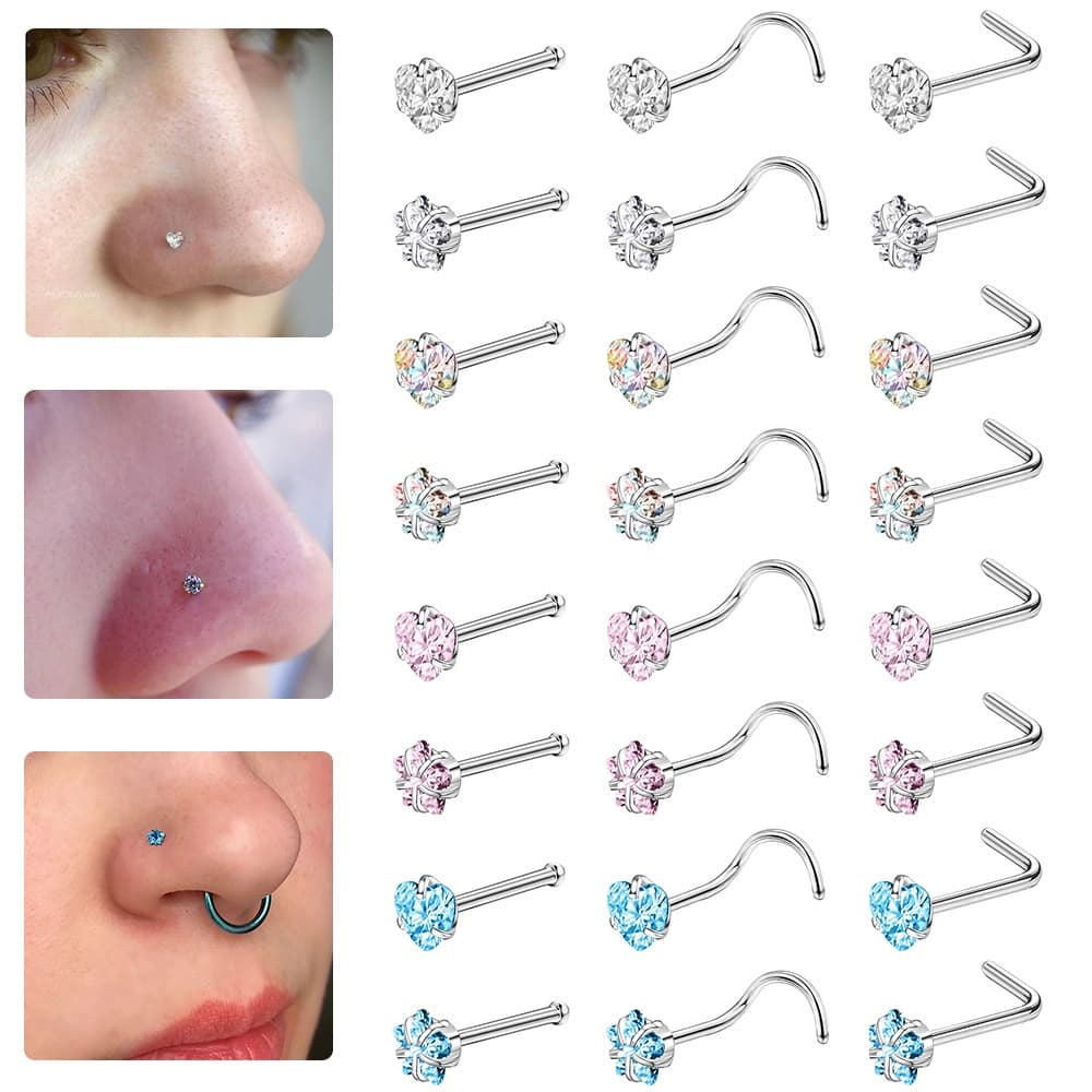 1 ชิ้นคริสตัลสีสันสดใสสแตนเลสจมูกเจาะรอบหัวใจ Star CZ Studs Nostril เครื่องประดับ
