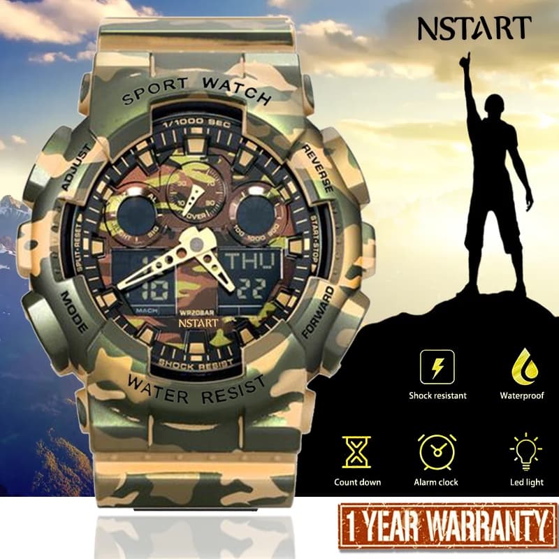 NSTART GA100 สีดําทองผู้ชายแฟชั่นกีฬานาฬิกาควอตซ์ GA-100 LED Night Light Luminous นาฬิกากันน้ํา