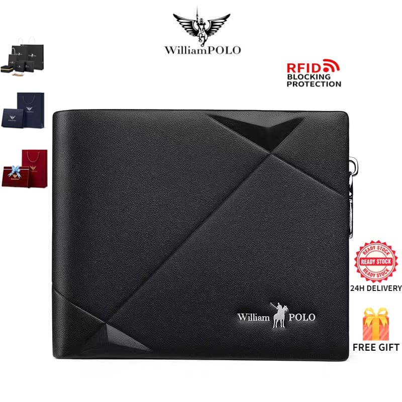 William polo กระเป๋าสตางค์ผู้ชาย หนังแท้ RFID กันขโมย ใบสั้น หลายช่อง ช่องซิปใส่เหรียญ
