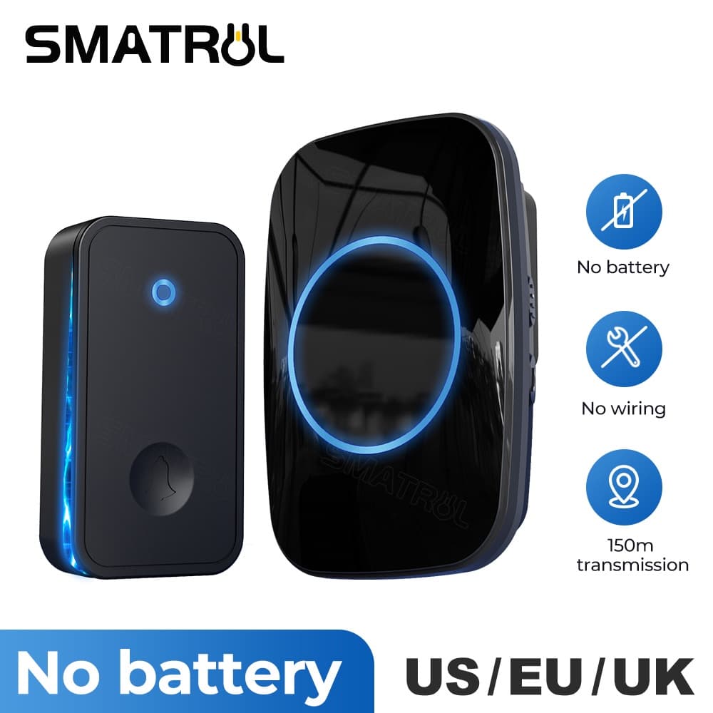 SMATRUL กริ่งประตูไร้สาย ไม่ใช้แบตเตอรี่ | ปลั๊ก US | ระยะไกล 150 เมตร | 60 เสียง | ปุ่มกดกันน้ํา IP44