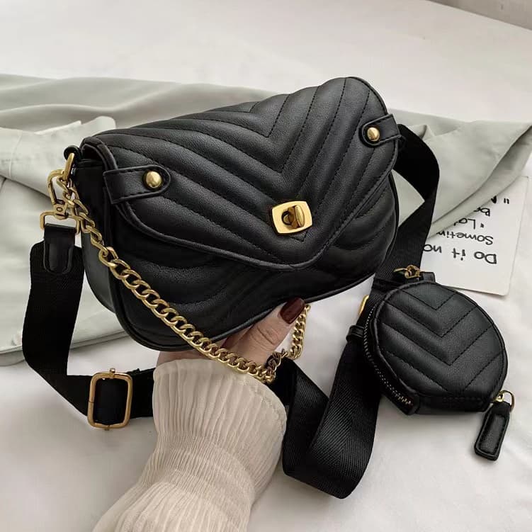 (HB-385) กระเป๋าสะพายข้างแฟชั่น หนัง PU งานดี สวยหรู มาพร้อมกระเป๋ากลมเล็ก