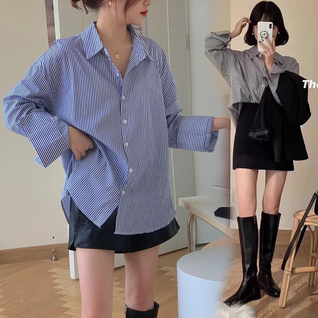 mimi&didi* #พร้อมส่ง*เสื้อเบลาส์ เสื้อเชิ้ตสีน้ําเงิน แขนยาวลายทางแฟชั่นสุดชิค คอวี ย้อนยุค…