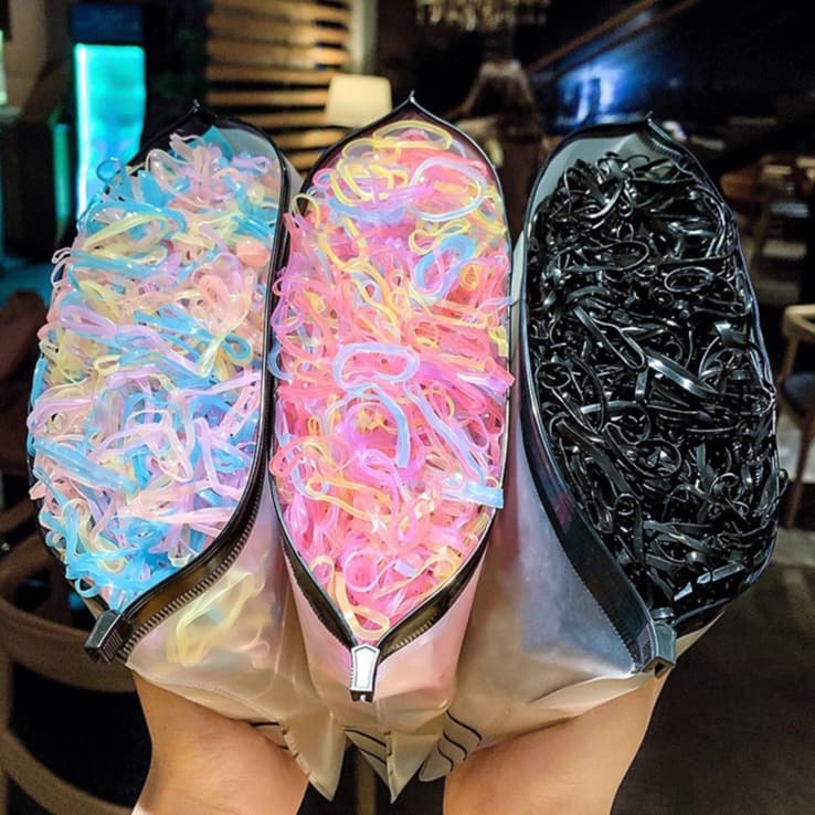HR ยางรัดผม 1 ห่อ 500 เส้น แถมถุงซิป หนังยางมัดผม เส้นกลาง สีดําและหลากสี อุปกรณ์ตกแต่งทรงผม สําหรับผู้หญิง…