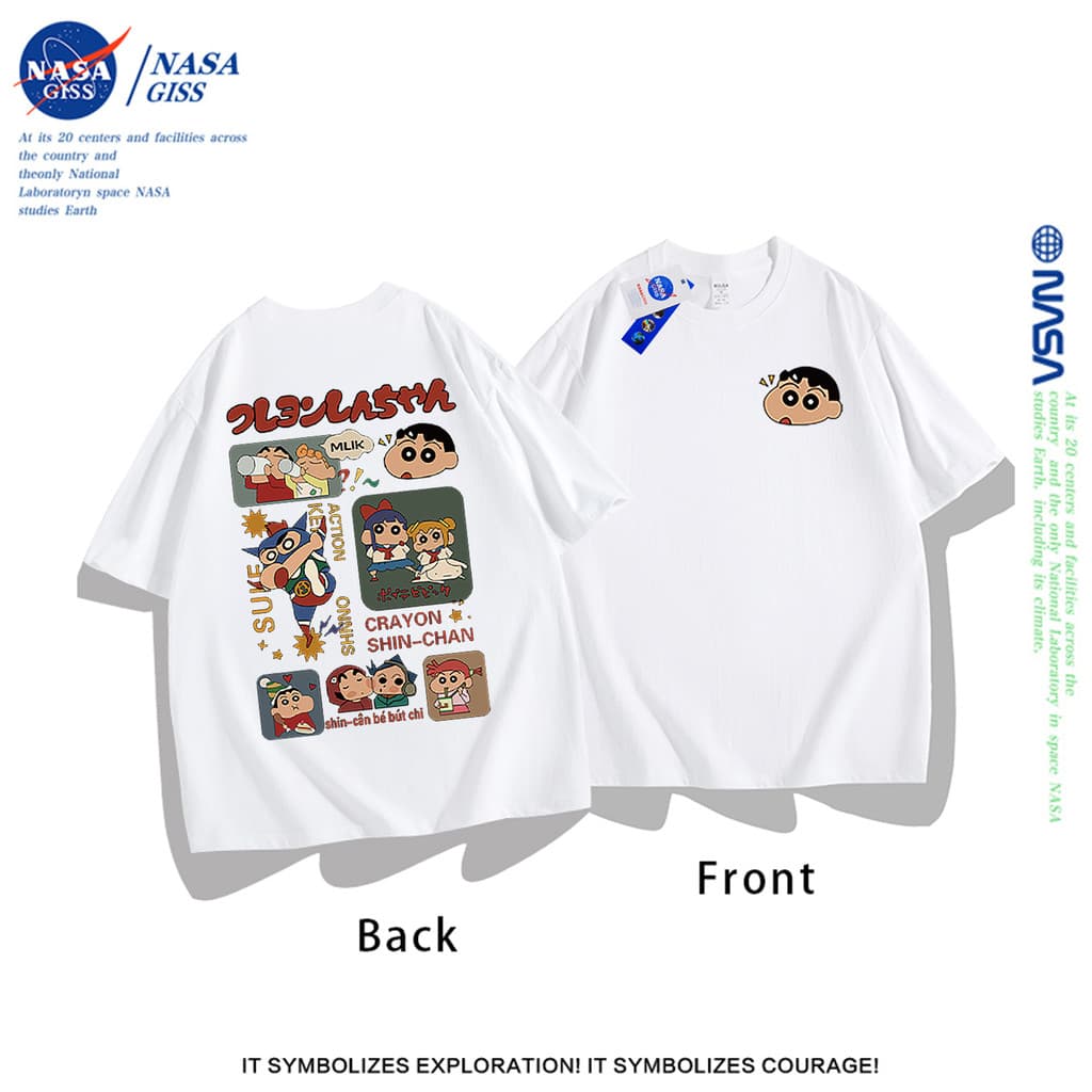 NASA เสื้อยืดชายหญิงแขนสั้น สตรีทฮิปฮอป summer เครยอนชินจัง เสื้อยืด พิมพ์ลาย คอตตอน คอกลม หลวมและระบายอากาศ