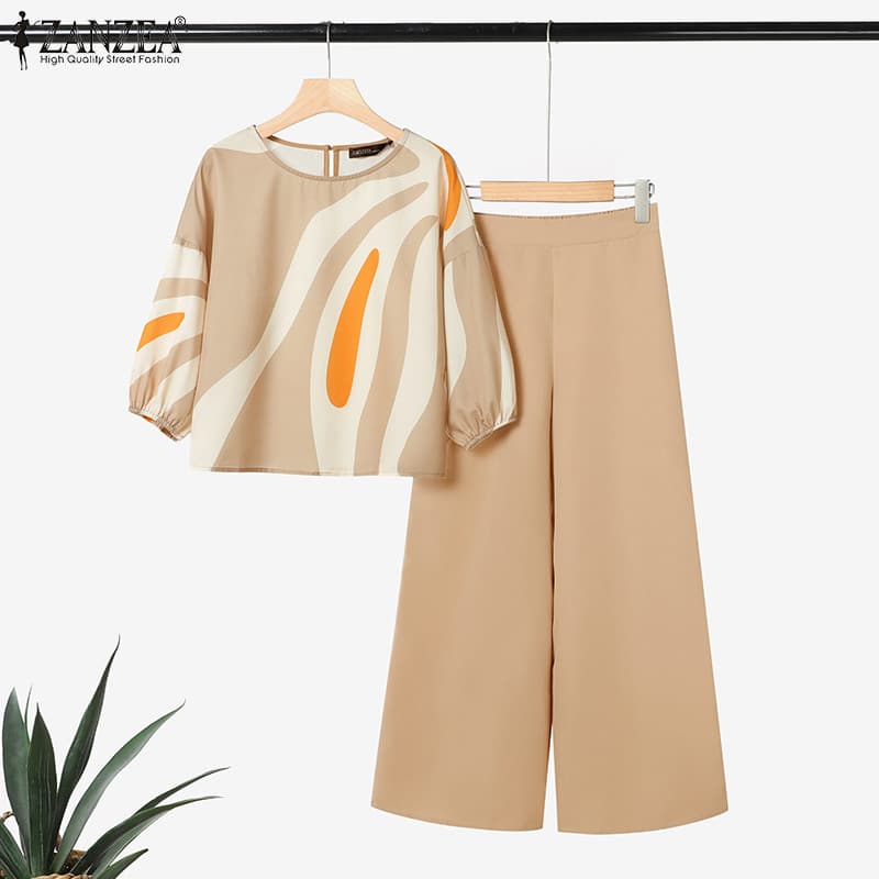 ZANZEA ใส่ ซานเซีย ผู้หญิงเกาหลีสบายๆ โอ คอโคมไฟแขนพิมพ์เรขาคณิตเสื้อ + กลับเอวยืดหยุ่นสีทึบกางเกงขากว้างไม่มี…