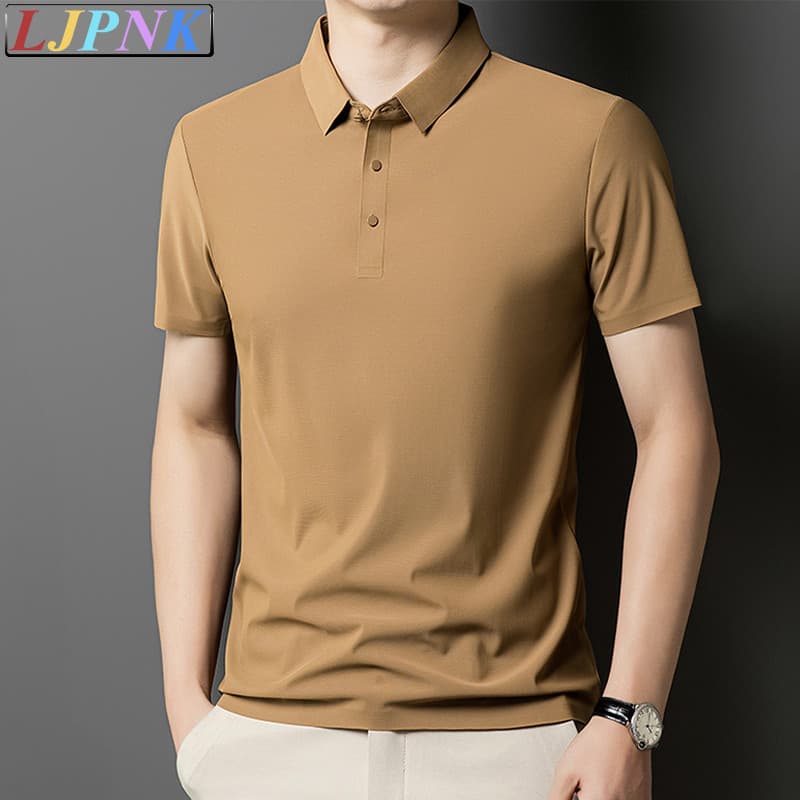 LJPNK เสื้อโปโลผ้าไหมน้ําแข็งสําหรับผู้ชาย – เสื้อท็อปฤดูร้อนน้ําหนักเบาทอบเร็วด้วยความยืดหยุ่นและความเย็นสบาย…