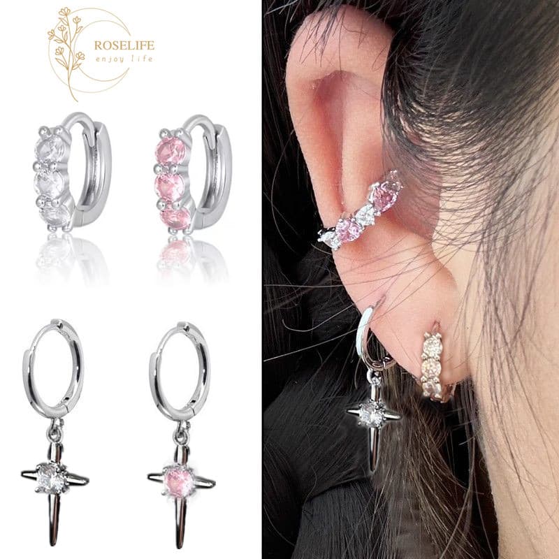 Roselife 2 ชิ้น S925 เงินคริสตัลไม่สม่ําเสมอ Cross วงกลม Hoop ต่างหูสําหรับผู้หญิง เครื่องประดับหมั้น