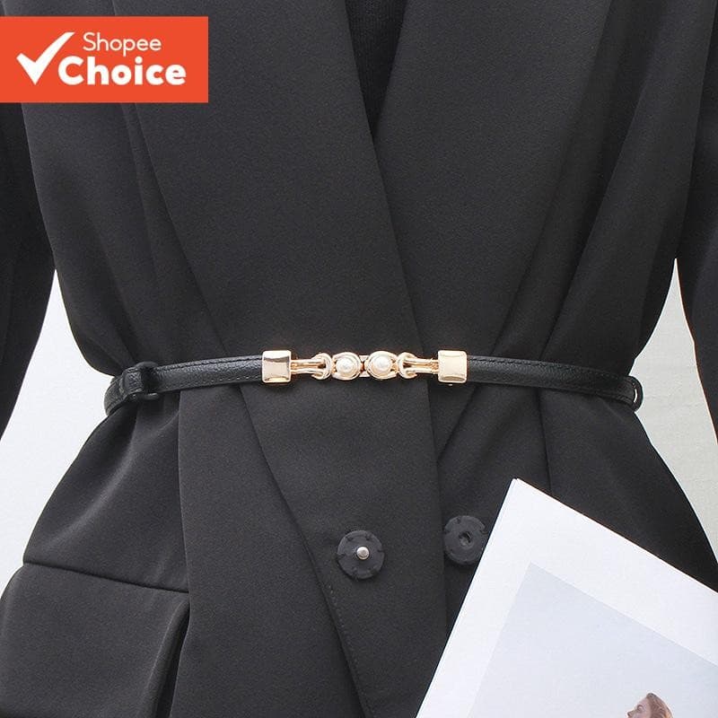 สตรีเกาหลีเข็มขัดหนังบางปรับFaux Pearl Buckle Chicอเนกประสงค์สําหรับชุดลําลองทุกวัน