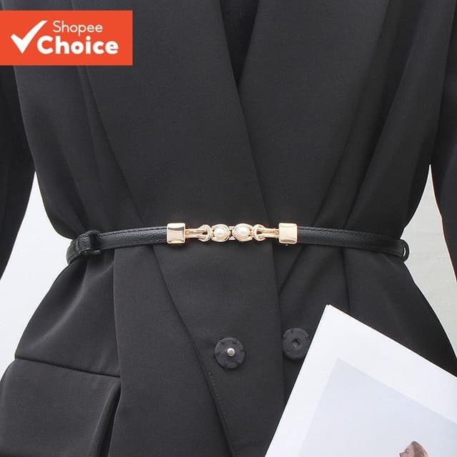 สตรีเกาหลีเข็มขัดหนังบางปรับFaux Pearl Buckle Chicอเนกประสงค์สําหรับชุดลําลองทุกวัน