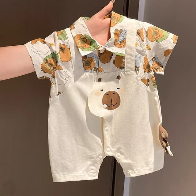 ฤดูร้อนใหม่เสื้อผ้าเด็กชายหญิงบอดี้สูทแขนสั้น 0-24 เดือนผ้าฝ้ายแท้บาง สุด ๆ หล่อการ์ตูนหมี ประกบกัน…