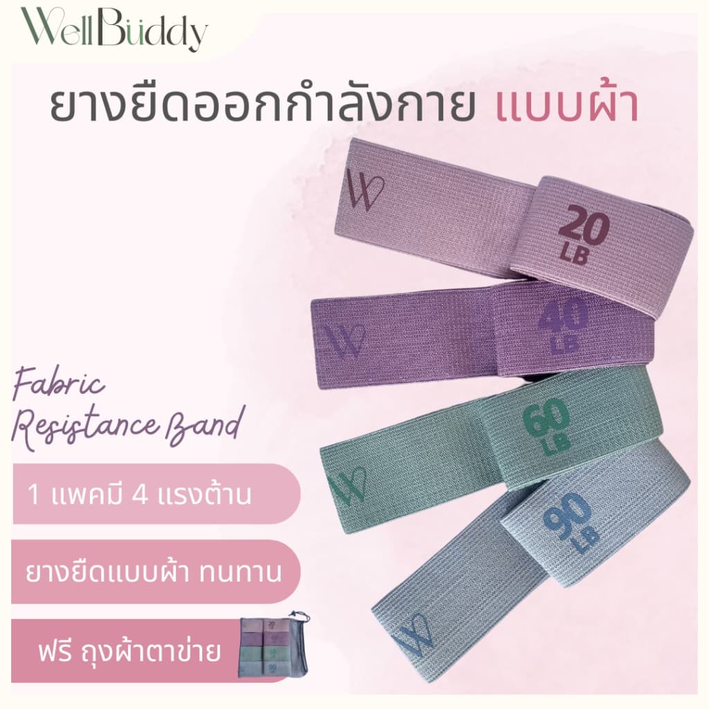 WellBuddy ยางยืดออกกําลังกาย 4 แรงต้าน แบบผ้า (1 แพค 4 ชิ้น) ทนทาน ยืดหยุ่น มีแถบซิลิโคน