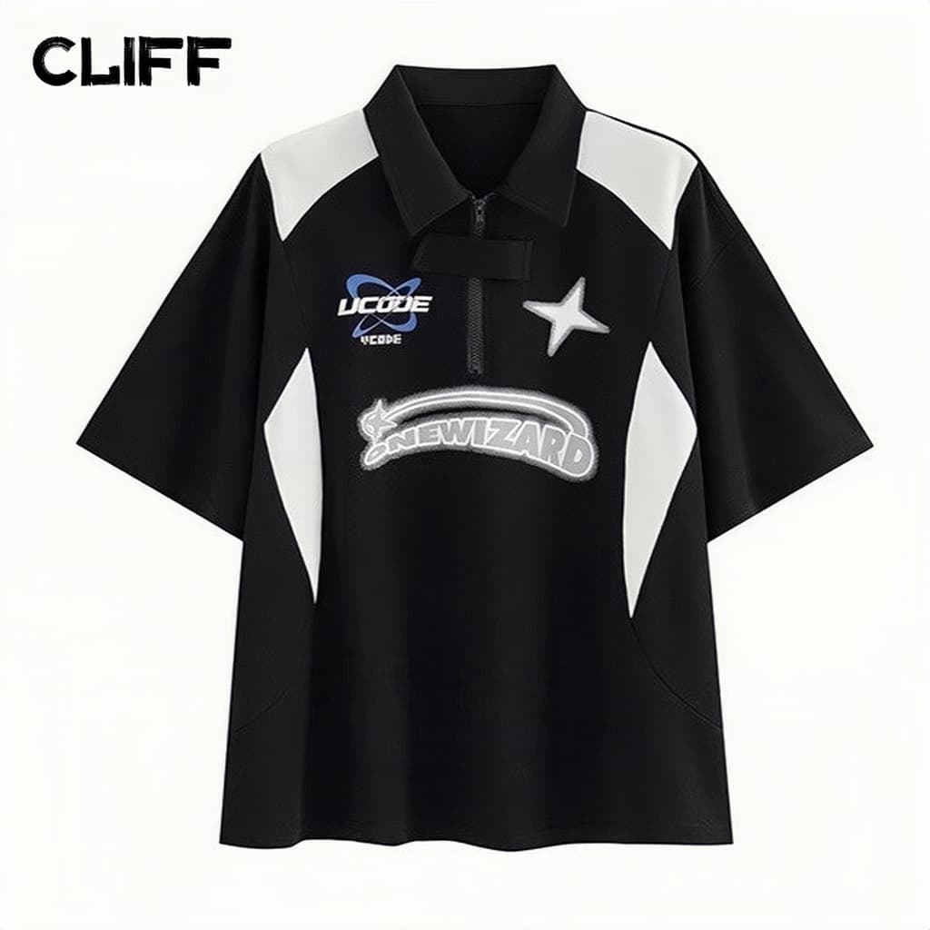 CLIFF ฮิปฮอป Hip-hop เสื้อยืดแขนสั้น คอปกโปโล ทรงหลวม สไตล์ลําลองสําหรับคู่รัก สไตล์เกาหลี สําหรับผู้ชาย